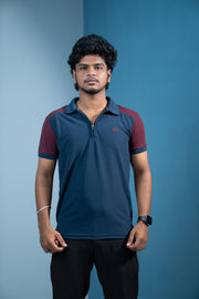 Dual-Tone Short Sleeve Zipper Collar T-Shirt for Men Trending Korean Fit-Navy Blue